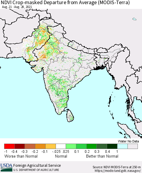Southern Asia Cropland NDVI Departure from Average (Terra-MODIS) Thematic Map For 8/21/2021 - 8/31/2021