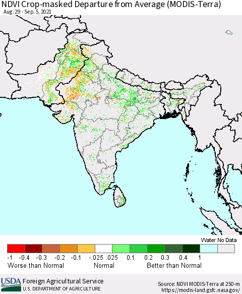 Southern Asia Cropland NDVI Departure from Average (Terra-MODIS) Thematic Map For 9/1/2021 - 9/10/2021