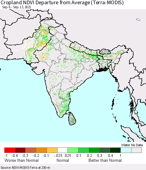 Southern Asia Cropland NDVI Departure from Average (Terra-MODIS) Thematic Map For 9/6/2021 - 9/13/2021