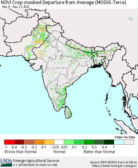 Southern Asia Cropland NDVI Departure from Average (Terra-MODIS) Thematic Map For 9/11/2021 - 9/20/2021