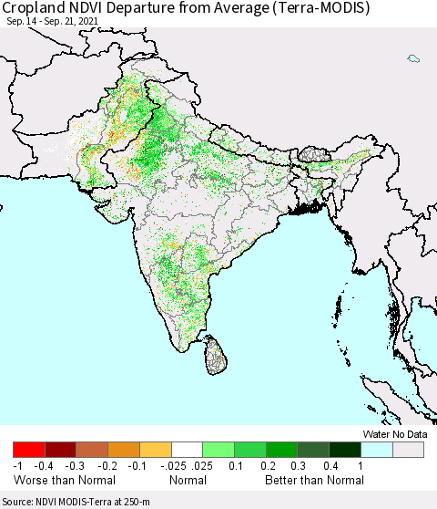 Southern Asia Cropland NDVI Departure from Average (Terra-MODIS) Thematic Map For 9/14/2021 - 9/21/2021