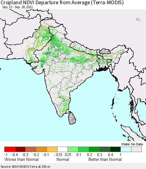 Southern Asia Cropland NDVI Departure from Average (Terra-MODIS) Thematic Map For 9/22/2021 - 9/29/2021
