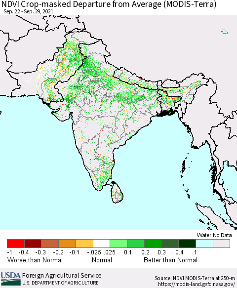 Southern Asia Cropland NDVI Departure from Average (Terra-MODIS) Thematic Map For 9/21/2021 - 9/30/2021