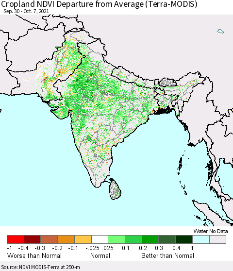 Southern Asia Cropland NDVI Departure from Average (Terra-MODIS) Thematic Map For 9/30/2021 - 10/7/2021