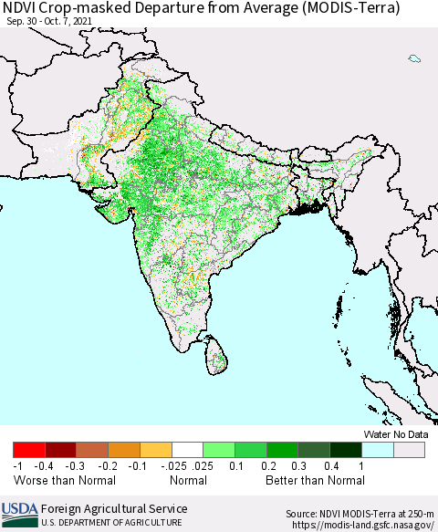 Southern Asia Cropland NDVI Departure from Average (Terra-MODIS) Thematic Map For 10/1/2021 - 10/10/2021