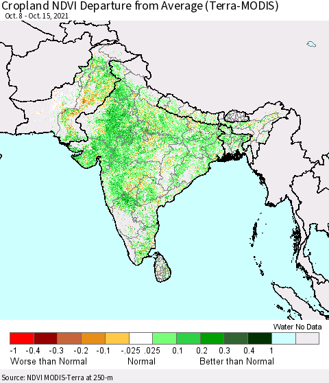 Southern Asia Cropland NDVI Departure from Average (Terra-MODIS) Thematic Map For 10/8/2021 - 10/15/2021