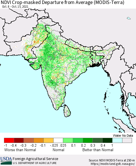 Southern Asia Cropland NDVI Departure from Average (Terra-MODIS) Thematic Map For 10/11/2021 - 10/20/2021