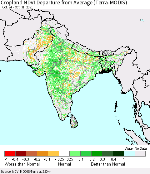 Southern Asia NDVI Crop-masked Departure from Average (MODIS-Terra) Thematic Map For 10/21/2021 - 10/31/2021