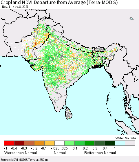 Southern Asia Cropland NDVI Departure from Average (Terra-MODIS) Thematic Map For 11/1/2021 - 11/8/2021