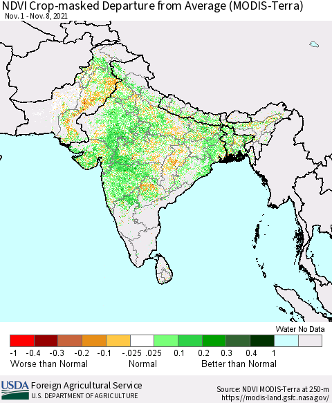 Southern Asia NDVI Crop-masked Departure from Average (MODIS-Terra) Thematic Map For 11/1/2021 - 11/10/2021