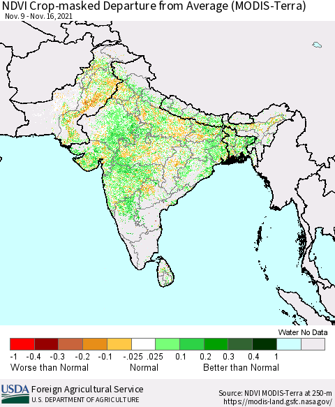 Southern Asia Cropland NDVI Departure from Average (Terra-MODIS) Thematic Map For 11/11/2021 - 11/20/2021