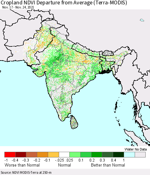 Southern Asia Cropland NDVI Departure from Average (Terra-MODIS) Thematic Map For 11/17/2021 - 11/24/2021