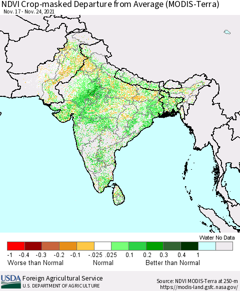 Southern Asia NDVI Crop-masked Departure from Average (MODIS-Terra) Thematic Map For 11/21/2021 - 11/30/2021