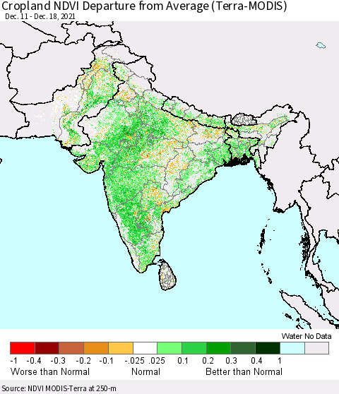 Southern Asia Cropland NDVI Departure from Average (Terra-MODIS) Thematic Map For 12/11/2021 - 12/18/2021