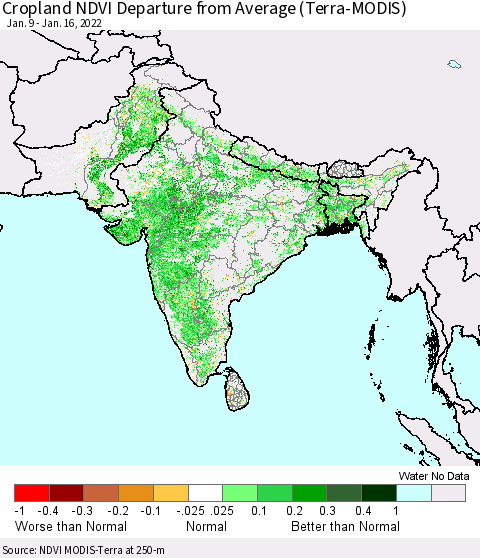 Southern Asia Cropland NDVI Departure from Average (Terra-MODIS) Thematic Map For 1/9/2022 - 1/16/2022