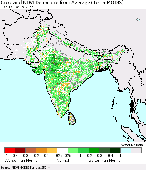 Southern Asia Cropland NDVI Departure from Average (Terra-MODIS) Thematic Map For 1/17/2022 - 1/24/2022