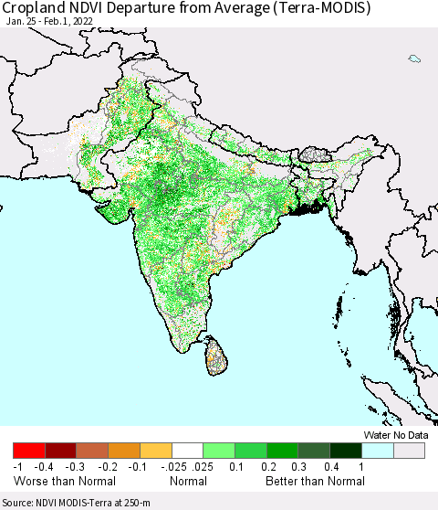 Southern Asia Cropland NDVI Departure from Average (Terra-MODIS) Thematic Map For 1/25/2022 - 2/1/2022