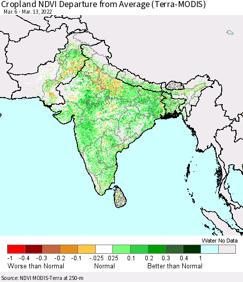 Southern Asia Cropland NDVI Departure from Average (Terra-MODIS) Thematic Map For 3/6/2022 - 3/13/2022