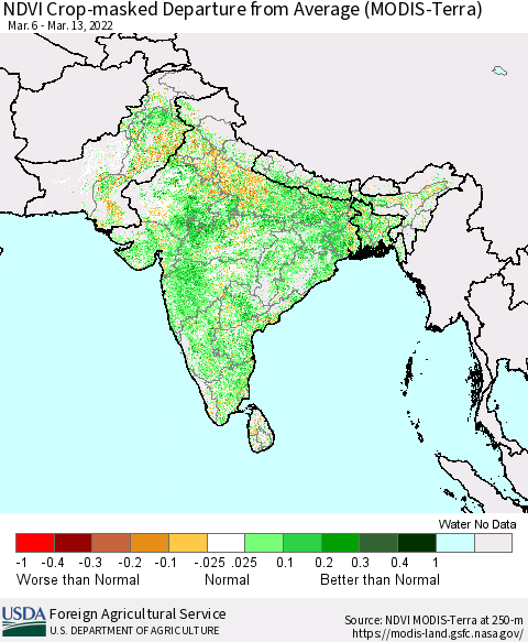 Southern Asia NDVI Crop-masked Departure from Average (MODIS-Terra) Thematic Map For 3/11/2022 - 3/20/2022
