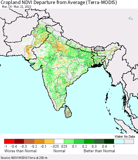 Southern Asia Cropland NDVI Departure from Average (Terra-MODIS) Thematic Map For 3/14/2022 - 3/21/2022