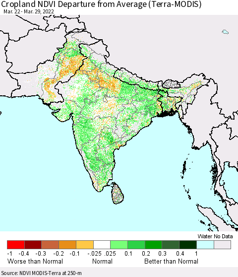 Southern Asia Cropland NDVI Departure from Average (Terra-MODIS) Thematic Map For 3/22/2022 - 3/29/2022