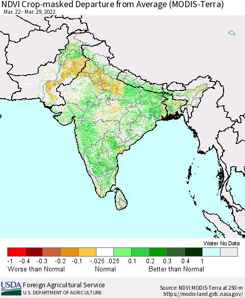 Southern Asia NDVI Crop-masked Departure from Average (MODIS-Terra) Thematic Map For 3/21/2022 - 3/31/2022
