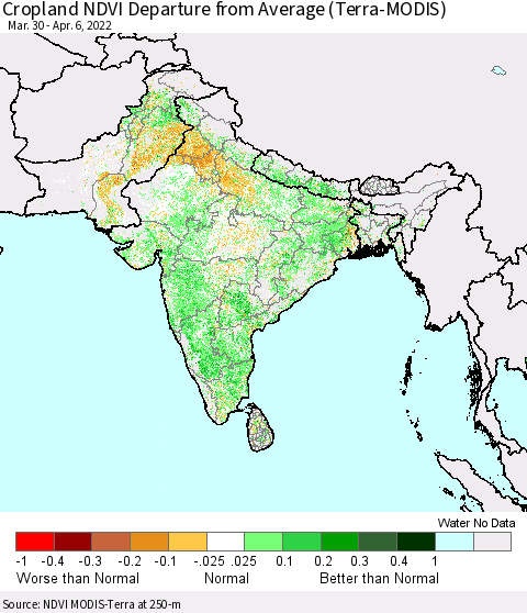 Southern Asia Cropland NDVI Departure from Average (Terra-MODIS) Thematic Map For 3/30/2022 - 4/6/2022