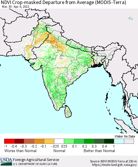 Southern Asia NDVI Crop-masked Departure from Average (MODIS-Terra) Thematic Map For 4/1/2022 - 4/10/2022