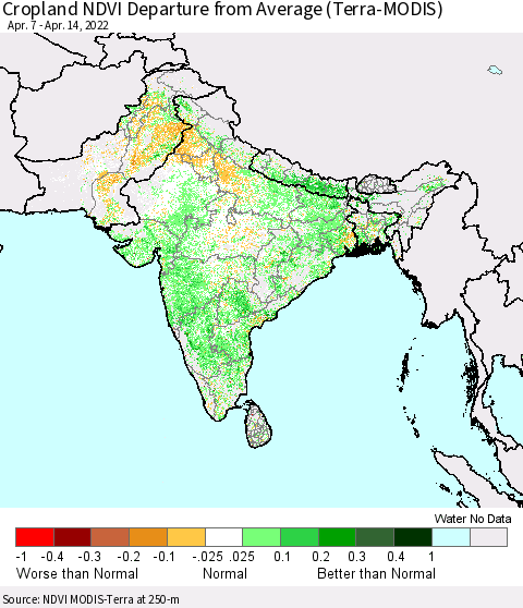 Southern Asia Cropland NDVI Departure from Average (Terra-MODIS) Thematic Map For 4/7/2022 - 4/14/2022
