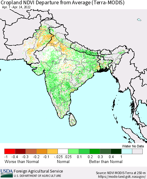 Southern Asia Cropland NDVI Departure from Average (Terra-MODIS) Thematic Map For 4/11/2022 - 4/20/2022