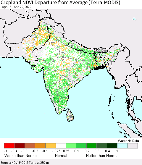 Southern Asia Cropland NDVI Departure from Average (Terra-MODIS) Thematic Map For 4/15/2022 - 4/22/2022