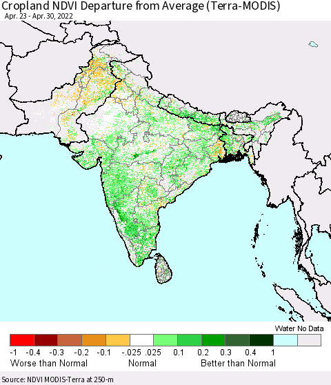 Southern Asia NDVI Crop-masked Departure from Average (MODIS-Terra) Thematic Map For 4/21/2022 - 4/30/2022