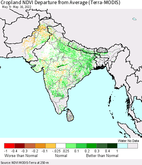 Southern Asia Cropland NDVI Departure from Average (Terra-MODIS) Thematic Map For 5/9/2022 - 5/16/2022