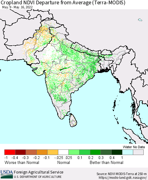 Southern Asia Cropland NDVI Departure from Average (Terra-MODIS) Thematic Map For 5/11/2022 - 5/20/2022