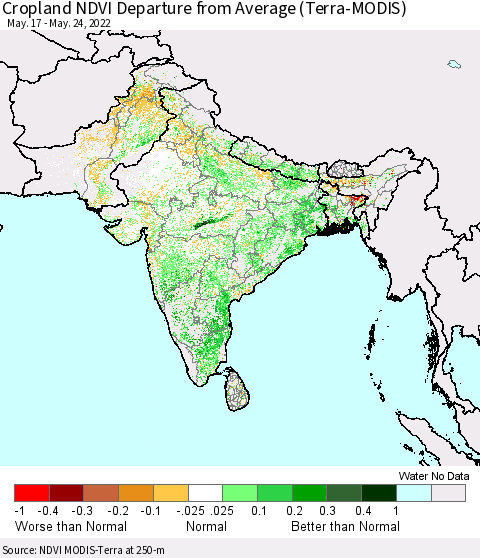 Southern Asia Cropland NDVI Departure from Average (Terra-MODIS) Thematic Map For 5/17/2022 - 5/24/2022