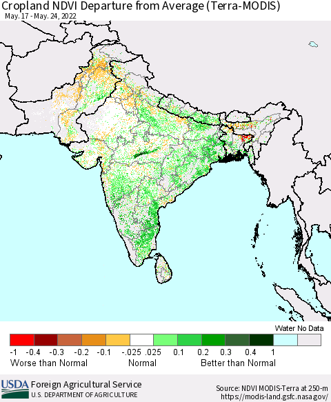 Southern Asia Cropland NDVI Departure from Average (Terra-MODIS) Thematic Map For 5/21/2022 - 5/31/2022