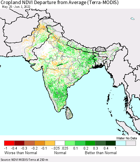 Southern Asia Cropland NDVI Departure from Average (Terra-MODIS) Thematic Map For 5/25/2022 - 6/1/2022