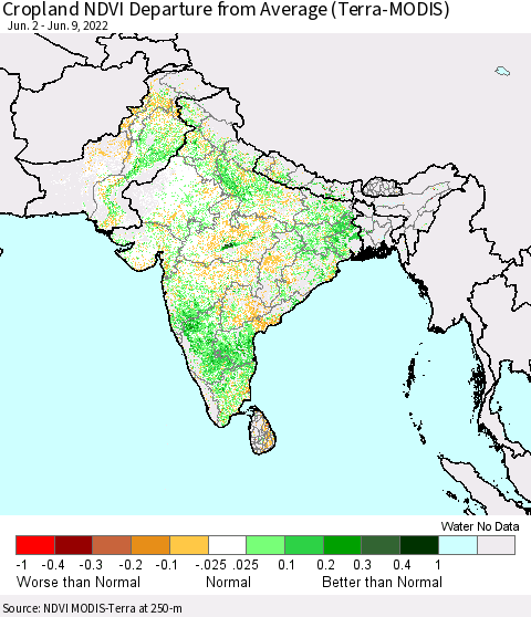 Southern Asia Cropland NDVI Departure from Average (Terra-MODIS) Thematic Map For 6/2/2022 - 6/9/2022