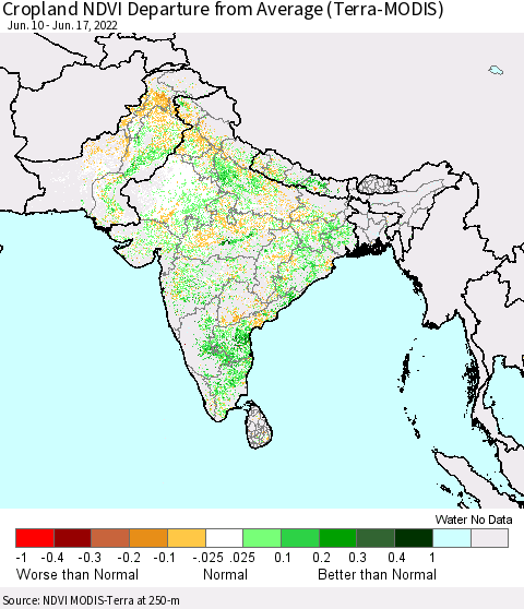 Southern Asia Cropland NDVI Departure from Average (Terra-MODIS) Thematic Map For 6/10/2022 - 6/17/2022