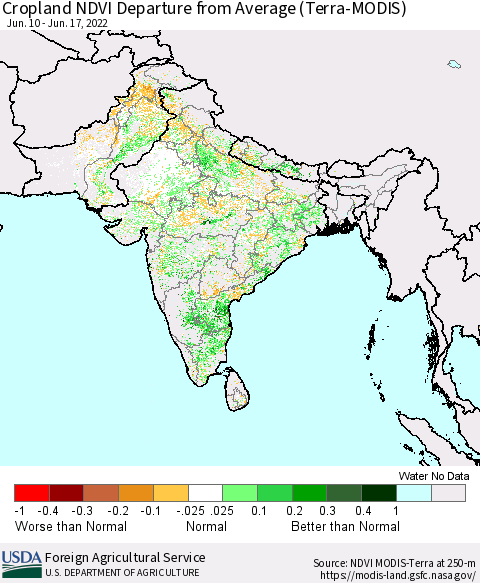 Southern Asia Cropland NDVI Departure from Average (Terra-MODIS) Thematic Map For 6/11/2022 - 6/20/2022