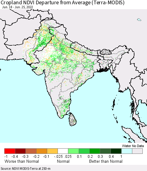 Southern Asia Cropland NDVI Departure from Average (Terra-MODIS) Thematic Map For 6/18/2022 - 6/25/2022