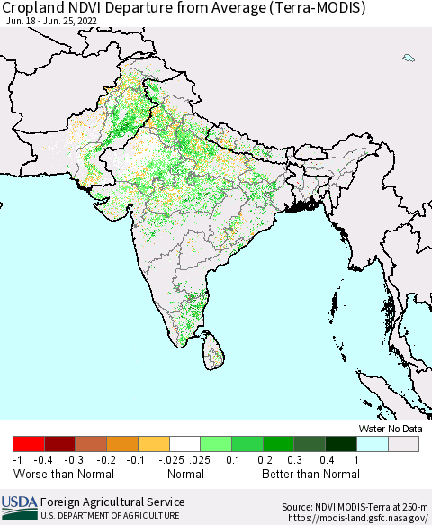 Southern Asia Cropland NDVI Departure from Average (Terra-MODIS) Thematic Map For 6/21/2022 - 6/30/2022