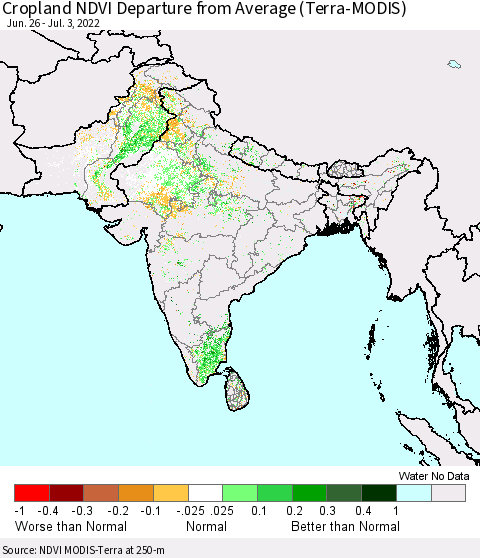 Southern Asia Cropland NDVI Departure from Average (Terra-MODIS) Thematic Map For 6/26/2022 - 7/3/2022