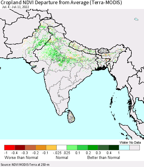 Southern Asia Cropland NDVI Departure from Average (Terra-MODIS) Thematic Map For 7/4/2022 - 7/11/2022