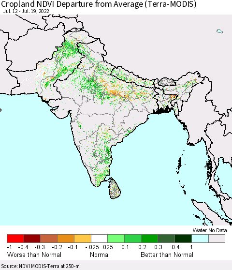 Southern Asia Cropland NDVI Departure from Average (Terra-MODIS) Thematic Map For 7/12/2022 - 7/19/2022