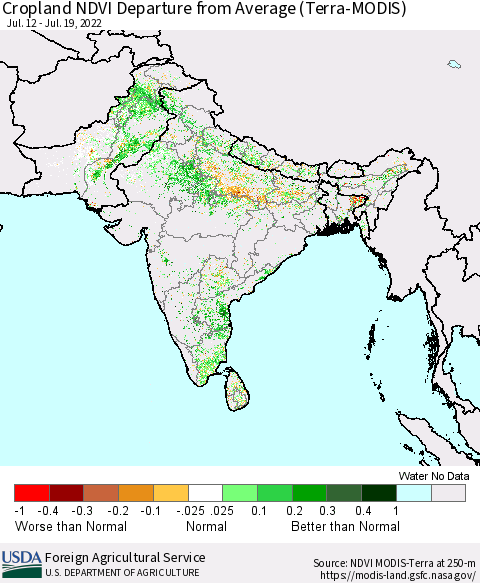 Southern Asia Cropland NDVI Departure from Average (Terra-MODIS) Thematic Map For 7/11/2022 - 7/20/2022