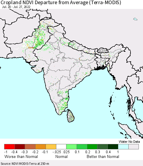 Southern Asia Cropland NDVI Departure from Average (Terra-MODIS) Thematic Map For 7/20/2022 - 7/27/2022