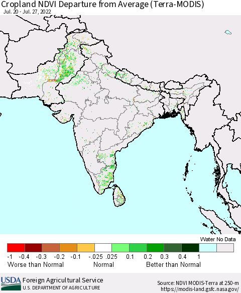 Southern Asia Cropland NDVI Departure from Average (Terra-MODIS) Thematic Map For 7/21/2022 - 7/31/2022