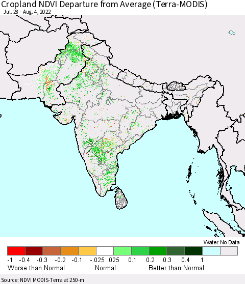Southern Asia Cropland NDVI Departure from Average (Terra-MODIS) Thematic Map For 7/28/2022 - 8/4/2022
