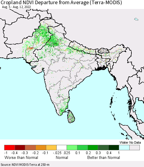 Southern Asia Cropland NDVI Departure from Average (Terra-MODIS) Thematic Map For 8/5/2022 - 8/12/2022